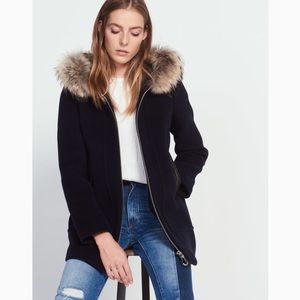 Sandro Paris Wool Coat with Leather + Fur Hood